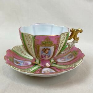 Occupied Japan Celebrate Tea Cup Saucer Scalloped Edge Gold Trim Queen Portrait